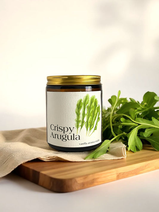 Crispy arugula coconut soy wax candle , hand poured into a cozy amber jar, made with non toxic ingredients.