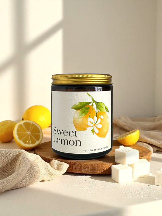 Sweet lemon coconut soy wax candle , hand poured into a cozy amber jar, made with non toxic ingredients.